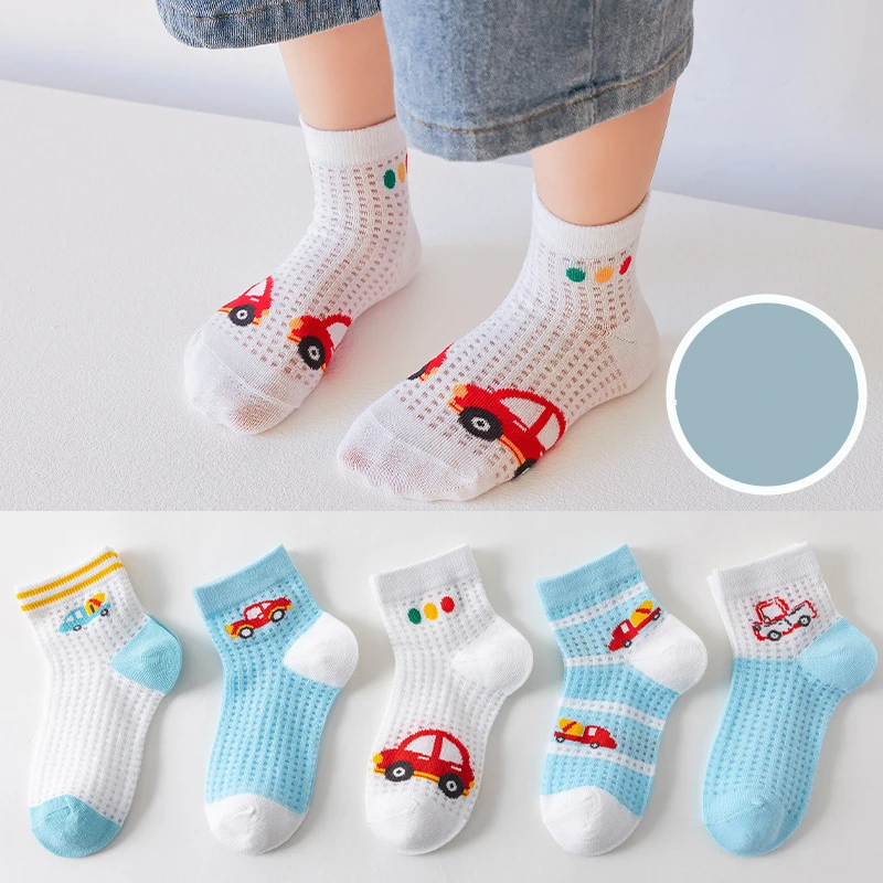 5 пар весенне-летних носков для мальчиков, тонкие сетчатые носки, яркие цветные дышащие хлопчатобумажные носки в автомобильном стиле, большие детские носки chi