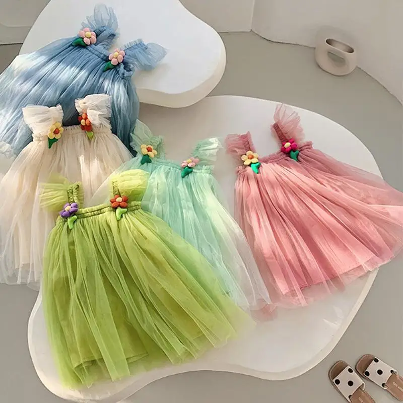 Летние тюлевые платья Супер Феи для девочек-принцесс, платье-пачка с радужным цветком, детская сетчатая пышная праздничная одежда для дня рождения
