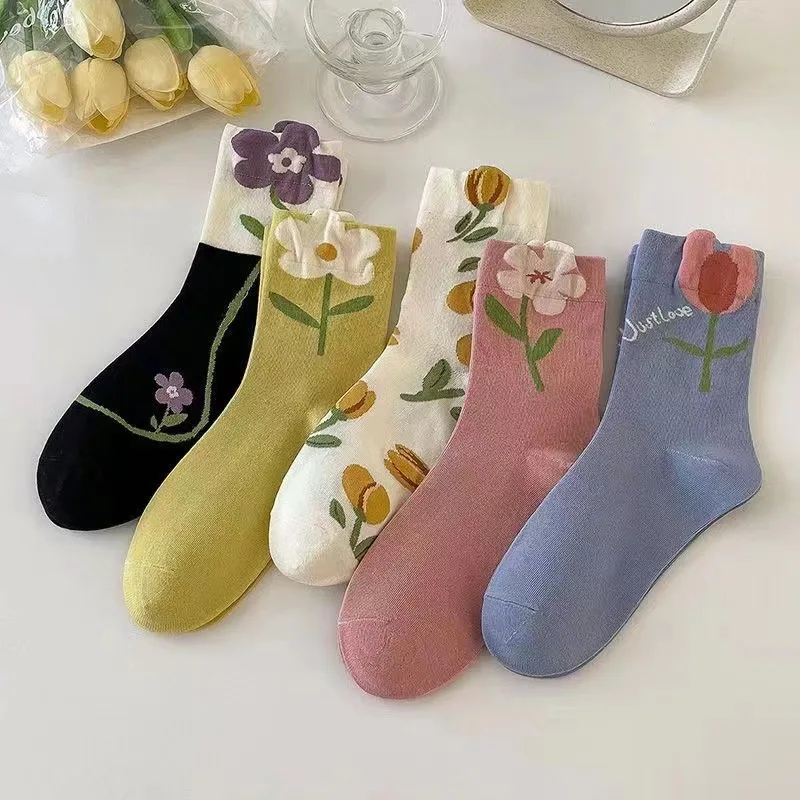 универсальные креативные однотонные женские носки в мелкий цветок, средней длины, спортивные дышащие хлопчатобумажные носки для девочек-учениц художественной школы