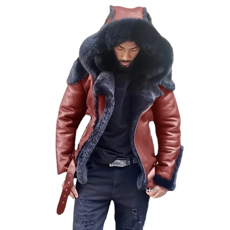 Новое мужское пальто из искусственной кожи, зимняя куртка большого размера с меховым воротником и шерстяной подкладкой с длинным рукавом, повседневная мужская куртка
