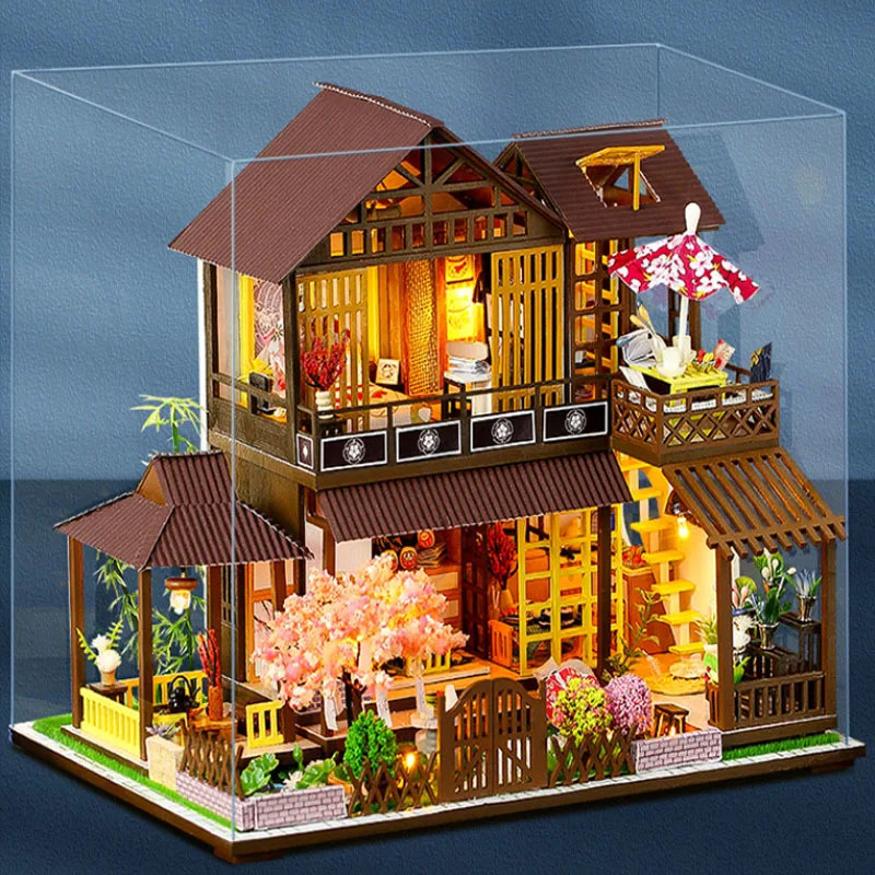 Деревянные японские кукольные домики Casa DIY Миниатюрные Строительные наборы со светодиодной подсветкой, игрушки для кукольного домика для девочек, подарки на День рождения