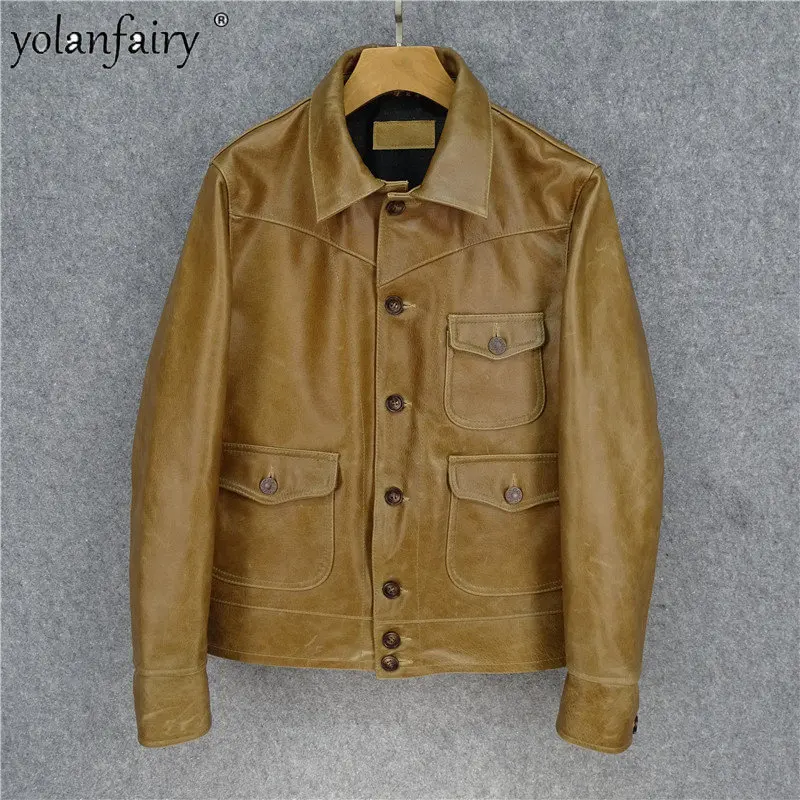 Весеннее новое винтажное мужское пальто из натуральной кожи, одежда из натуральной кожи, светло-коричневое пальто, мужская кожаная куртка Chaquetas FCY