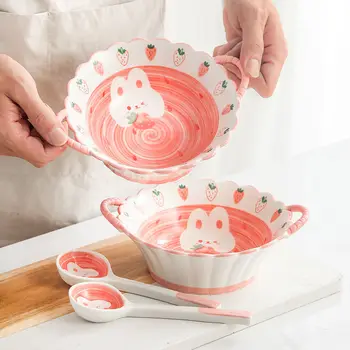 Кавайная чаша керамическая бытовая чаша с двумя ушами креативная мультяшная десертная чаша прекрасная рисовая чаша керамическая посуда  5