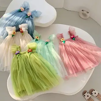 Летние тюлевые платья Супер Феи для девочек-принцесс, платье-пачка с радужным цветком, детская сетчатая пышная праздничная одежда для дня рождения  5