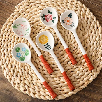 Керамическая Маленькая суповая ложка с длинной ручкой, Десертная ложка с цветами из Корейского мультфильма, кухонная подглазурная посуда ручной работы, кофейный совок  5
