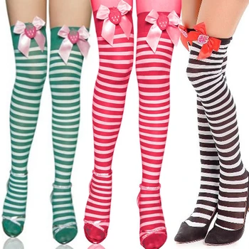 Рождественский чулок с бантом и клубникой, сексуальные колготки до колена, чулки, колготки, женские носки с рисунком зебры  10