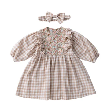 Повседневные платья для девочек, милое хлопковое платье принцессы в стиле пэчворк с круглым вырезом и длинным рукавом в цветочную сетку, весенне-осенние детские платья для девочек  5