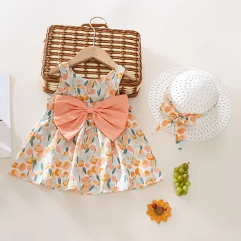 Летнее платье для маленьких девочек с бантом сзади в виде тюльпана, квадратный ремешок на шее, шляпа для повседневной носки длиной до колен  5
