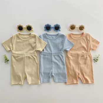 2023 Летний Новый комплект одежды с коротким рукавом для новорожденных, одежда для отдыха для маленьких мальчиков и девочек, Мягкая хлопковая футболка + шорты, 2 предмета однотонной пижамы  5