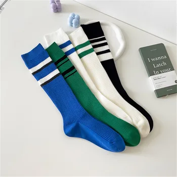 Однотонная хлопчатобумажная верхняя одежда, чулки, полосатые носки для телят с двойной иглой, чулки Klein Blue, женские хлопчатобумажные носки  5