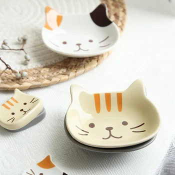 Японское блюдо с милым котом, креативное керамическое блюдо для приправ, Фарфоровое блюдце для макания, тарелка для закусок, кухонные принадлежности, посуда  5