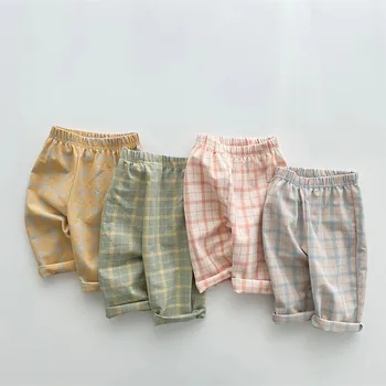 2023 Летние Новые детские повседневные клетчатые брюки, хлопковые спортивные штаны для малышей, детские брюки для мальчиков и девочек, детская одежда  4