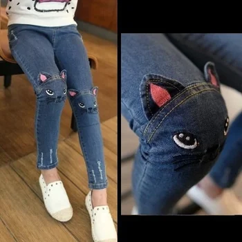 Весенняя и детская осенняя корейская одежда для девочек 2021 года, джинсы с вышивкой кота из мультфильма, брюки-карандаш  5