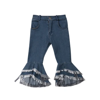 Модные джинсовые брюки для маленьких девочек 2-7 лет с кисточками и пуговицами, высокая талия, синие расклешенные брюки, длинные брюки  4