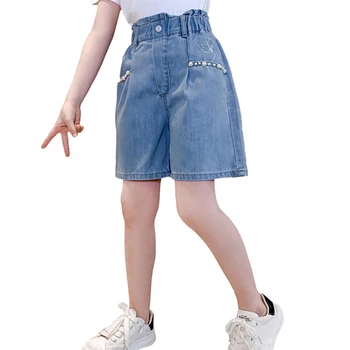 Джинсовые короткие однотонные джинсы для девочек, детские летние джинсы, детский повседневный стиль, детская одежда 6 8 10 12 14  5
