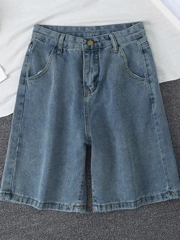 2022 Новые летние женские синие джинсовые шорты с высокой талией и широкими штанинами Повседневная женская однотонная уличная одежда, строгие джинсы, шорты-бермуды  5