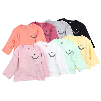 Весенняя Многоцветная Хлопчатобумажная футболка для девочек И мальчиков, Детская Корейская версия Маски с улыбкой, Футболка, Детская Нижняя рубашка с длинными рукавами  2