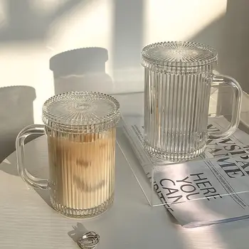 Прозрачные Кофейные кружки Простая стеклянная чашка в полоску с крышкой Соломенная Чашка для чая Сок для питья Вино Пиво Молоко Набор рюмок для завтрака  5