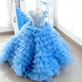 Роскошное синее платье для Первого причастия, Слои Тюля, Аппликация из органзы, платье принцессы на заказ для девочек с цветами, платье для свадебной вечеринки  5