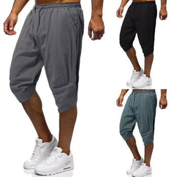 Летние новые мужские шорты из хлопка и конопли, черные, серые, зеленые, удобные и дышащие мужские повседневные брюки с 7 точками.  5
