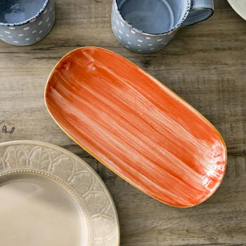 Керамическая ручная роспись Подглазурным распылителем Оранжевого цвета Овальное блюдо для рыбы на длинной тарелке  5