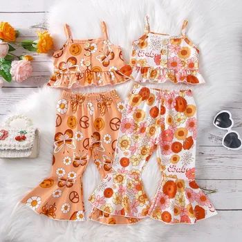 Модный комплект одежды из 2 предметов для маленьких девочек, модные топы с оборками в виде букв/бабочек и цветочного слинга, брюки-клеш с эластичной резинкой на талии  5