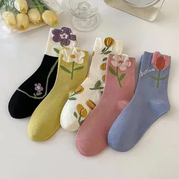 универсальные креативные однотонные женские носки в мелкий цветок, средней длины, спортивные дышащие хлопчатобумажные носки для девочек-учениц художественной школы  10