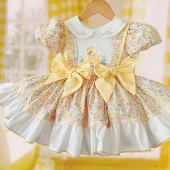 Летнее желтое платье с цветочной вышивкой цыпленка для девочек 0-12 лет, турецкое винтажное платье принцессы Лолиты, бальное платье для Дня рождения Ид  3