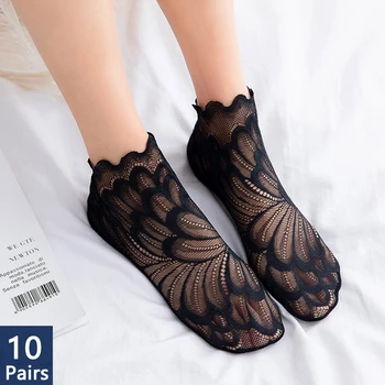 10 пар нескользящих носков с невидимой подкладкой, женские кружевные носки с цветочной сеткой, Женские эластичные удобные Тонкие прозрачные дышащие носки до щиколотки  5