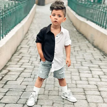 Футболки с короткими рукавами для мальчиков от 1 до 8 лет, летняя одежда, черно-белая футболка с цветными блоками для маленьких мальчиков, детская повседневная одежда для мальчиков  5