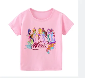 Розовые футболки с принтом феи-бабочки Винкс для девочек с героями мультфильмов, летние детские топы с короткими рукавами, детская одежда  5