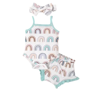 Комплекты летней одежды для новорожденных девочек 0-18 м, Летний комбинезон без рукавов + Шорты с цветочным /радужным принтом + Повязка на голову  5