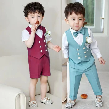 Детский летний весенний комплект жилетного костюма, Красивый жилет для мальчиков, брюки, комплект одежды с бабочкой, детский праздничный свадебный костюм  5