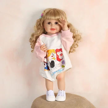 22-дюймовая Золотистая кудрявая кукла с улыбающимся лицом Reborn Baby Doll Girl для детской игрушки на День рождения и подарка на День защиты детей  2
