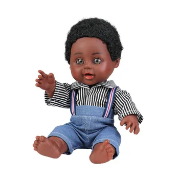 Африканская кукла с черной кожей 25 см, 10-дюймовый кукольный мальчик в джинсовой одежде, имитация сверкающих глаз, успокаивающая кукла для девочек, подарки  3
