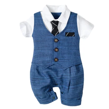 Одежда для маленьких мальчиков, Летний хлопковый Официальный комбинезон для джентльмена, цельный костюм с галстуком Для новорожденных, Красивый детский комбинезон, праздничный костюм  5