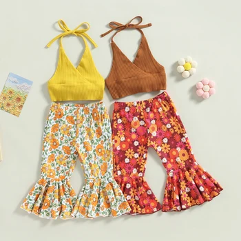 FOCUSNORM/ Летние комплекты одежды для девочек от 1 до 5 лет, комплекты из 2 предметов, однотонные топы без рукавов с V-образным вырезом и расклешенные брюки с цветочным рисунком, комплект  5
