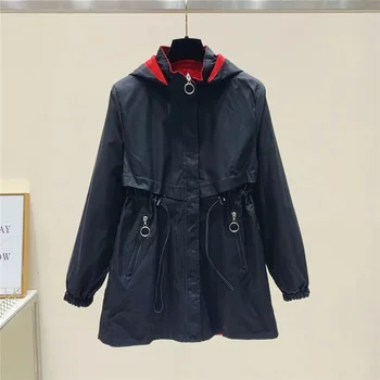 2023 Весенне-осенняя женская куртка в корейском стиле с капюшоном, длинный повседневный свободный тренч средней длины, свободная ветровка Женская  5