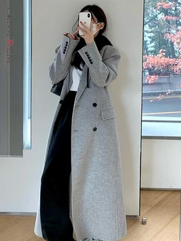 LANMREM Корейское Шерстяное пальто с лацканами, Двубортное с длинными рукавами, Модные Однотонные пальто, Повседневная Женская Одежда 2023 Весна 2YA1016  5