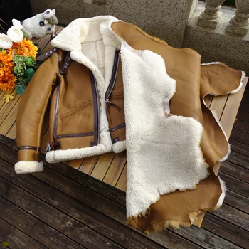 Оригинальное экологическое пальто из натуральной овечьей шерсти высокой плотности, мужская куртка из натуральной кожи B3, желтое мотоциклетное пальто из овчины  4