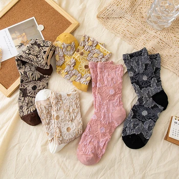 Высококачественные Модные хлопковые женские носки Vintag с 3D вышивкой и цветочным рисунком, повседневные женские носки средней длины для девочек, прямая поставка  5