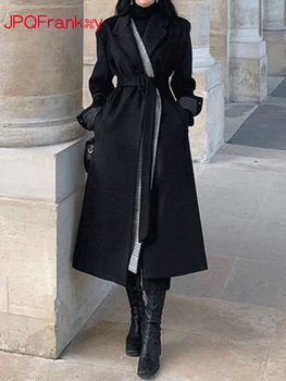 Шерстяное пальто Женское 2023 Осень / зима в черную клетку в стиле Хепберн, пальто с высокой талией, женская зимняя куртка  4