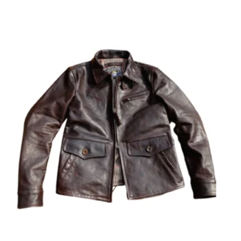 Мужская кожаная куртка из конской кожи в стиле газетчика, винтажная классическая верхняя одежда  4