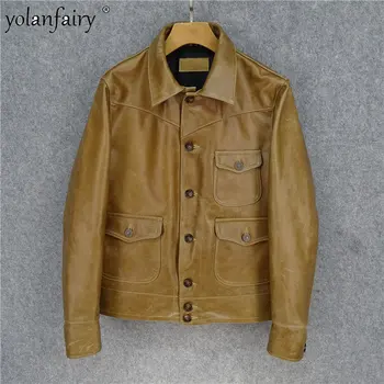 Весеннее новое винтажное мужское пальто из натуральной кожи, одежда из натуральной кожи, светло-коричневое пальто, мужская кожаная куртка Chaquetas FCY  5