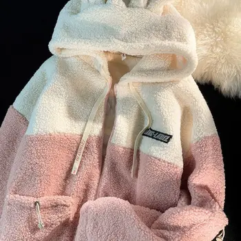 Нишевая куртка с заячьими ушками в милом стиле Женская Осенне-зимняя имитация шерсти ягненка bf Couple Уличная одежда Y2K Пальто на молнии с длинным рукавом  4