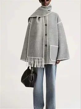 Шерстяное пальто с шарфовым воротником, Женское однобортное, однотонное, Зимняя Свободная женская куртка с длинным рукавом 2022  4