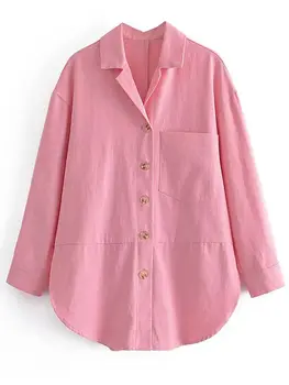 Женская модная Розовая рубашка с длинным рукавом И карманом, Офисная Женская Однобортная блузка с лацканами, Топы 2022, Осенняя куртка для пригородных поездок, пальто  4