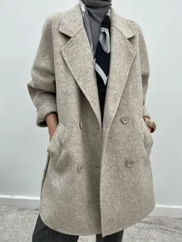 Женское длинное двубортное пальто 2023 года, новое шерстяное пальто на шнуровке, однотонная пижама, ночная рубашка  5