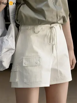 HanOrange 2023 Летняя мода Spicy Girl, шорты из чистого хлопка, женские шорты с высокой талией и завязками, спортивные брюки А-силуэта, белые / розовые  5