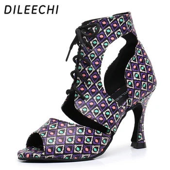 DILEECHI/ Женские ботинки для латиноамериканских танцев из натуральной кожи с цветочным принтом, обувь для сальсы и бальных танцев на высоком каблуке 9 см, новое поступление  5